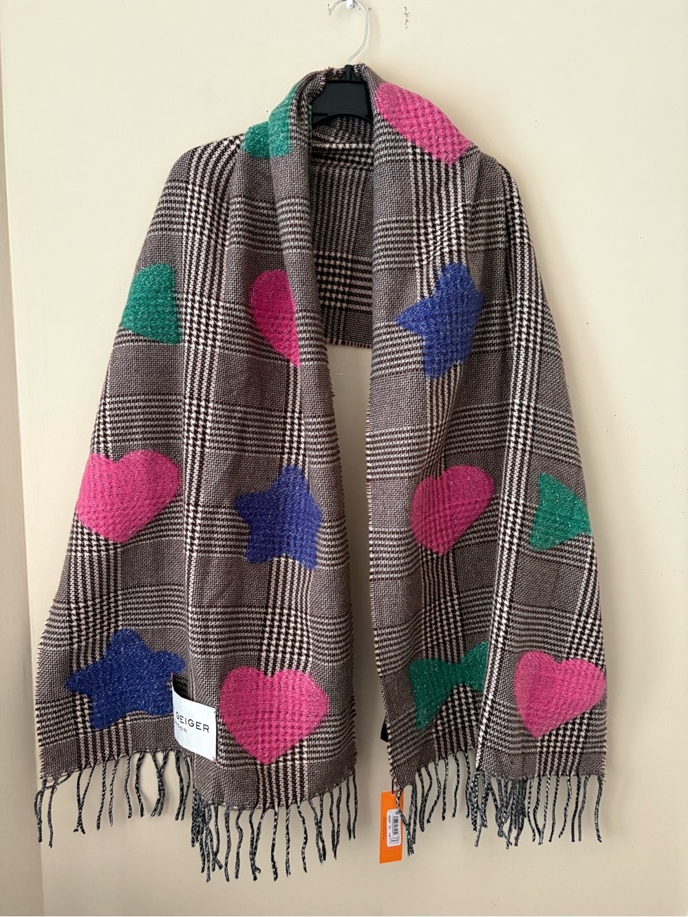 Kurt Geiger Gray Checked Scarf with Pink Hearts, Blue Stars & Green Accents New
